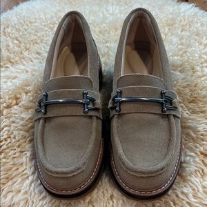 Clark’s Tan Suede Loafers with Silver Buckle